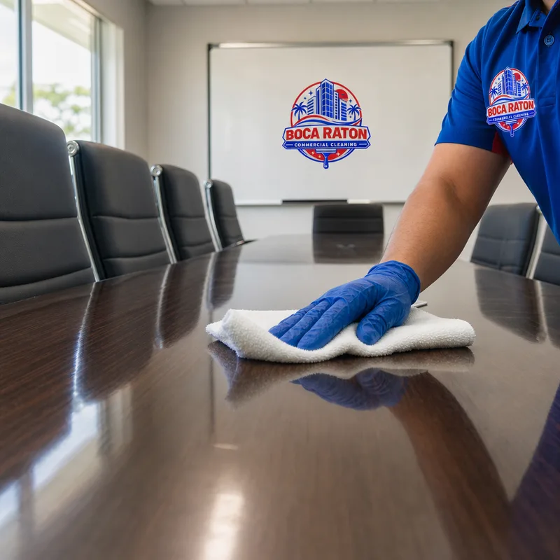 Boca Raton Commercial Cleaning crew member detail-wiping a boardroom table to a streak-free finish