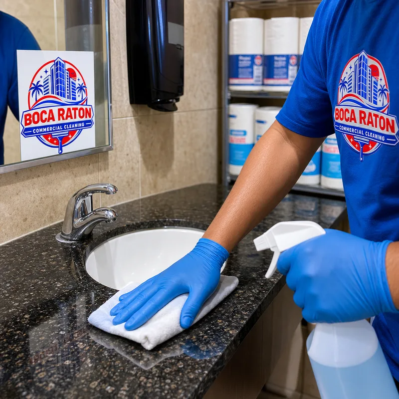 Boca Raton Commercial Cleaning crew member disinfecting a restroom counter beside fully stocked paper supplies