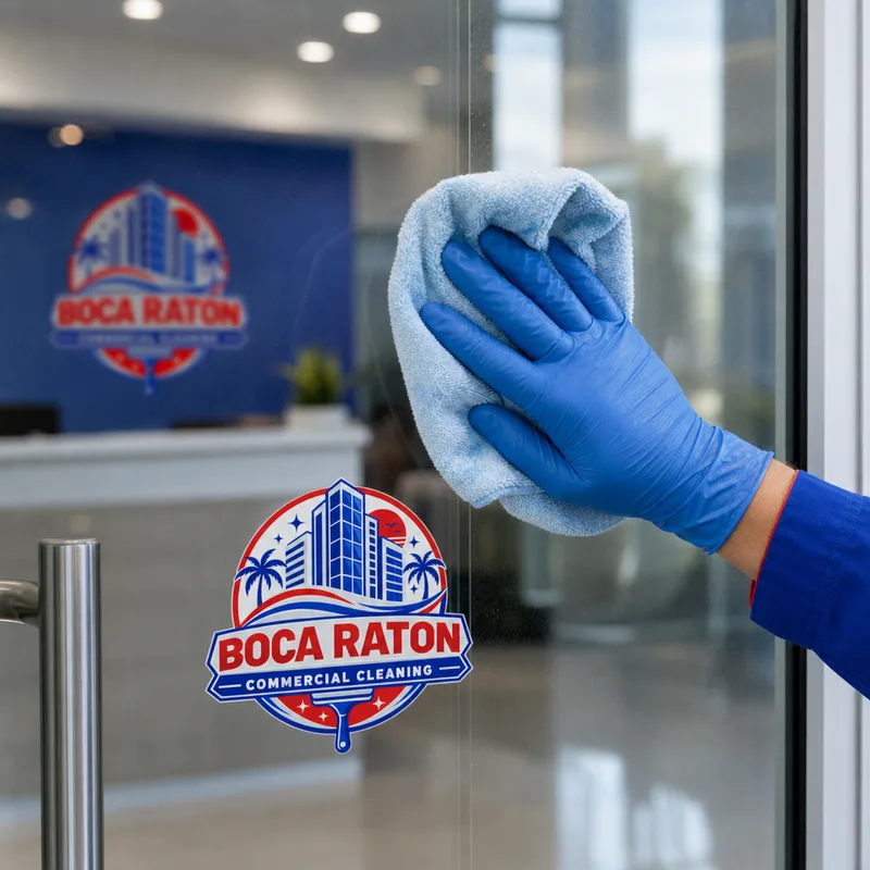 Microfiber cloth removing fingerprints from a commercial glass entry door