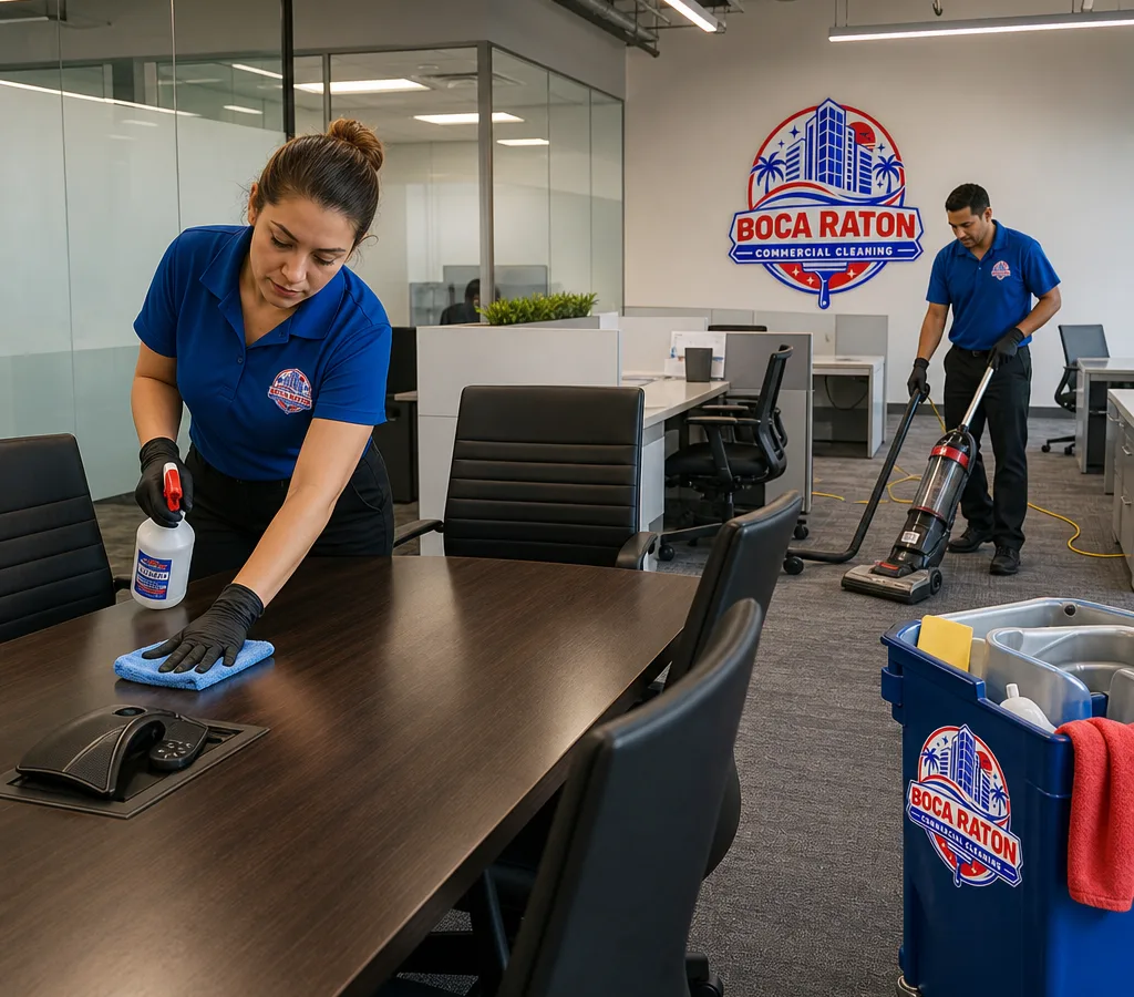 Cleaner servicing a professional waiting area and reception counter in a Boynton Beach office