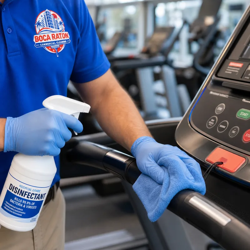 Gloved hands disinfecting equipment buttons and handrails on a treadmill console