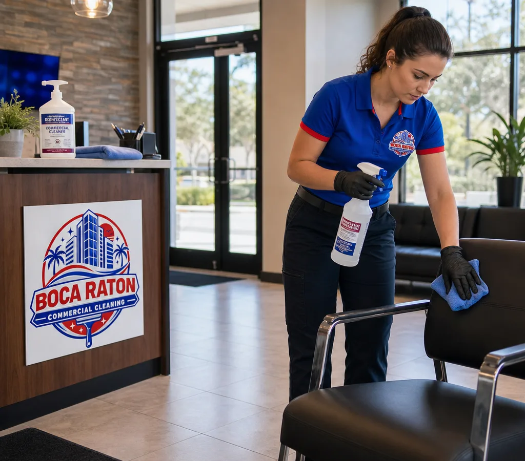 Cleaning technician working in a large commercial interior in Pompano Beach with equipment staged