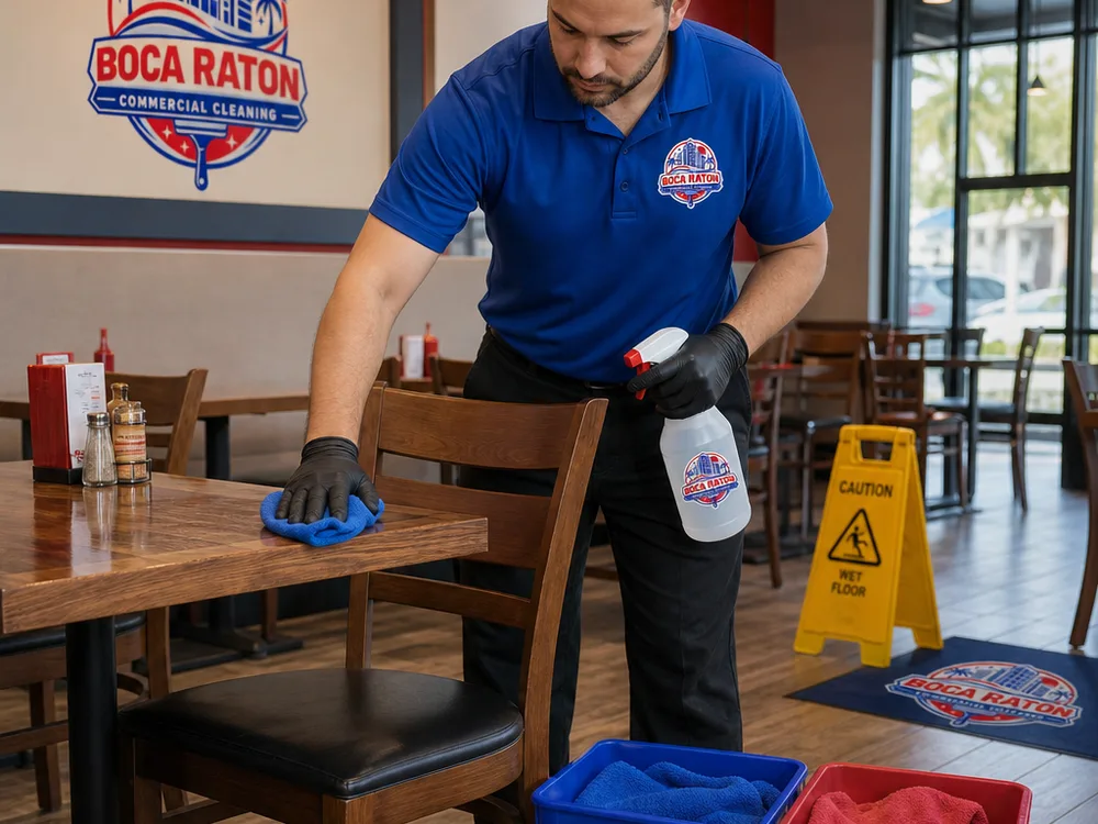 Cleaner detail-cleaning a professional waiting area with separated cleaning equipment