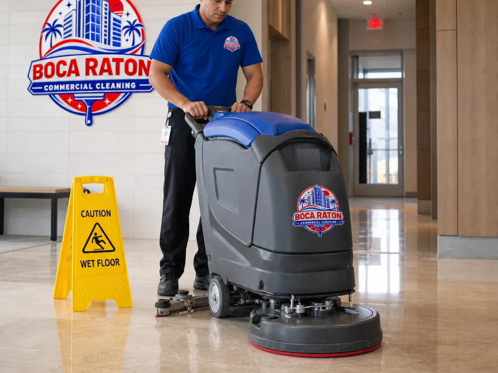 Technician operating a commercial floor machine restoring a corridor floor